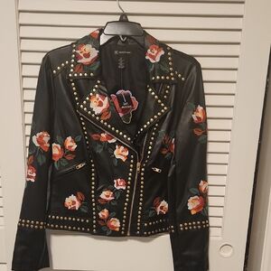 ANNA SUI X Inc Floral Embroidered Studded Black Leather Moto Jacket